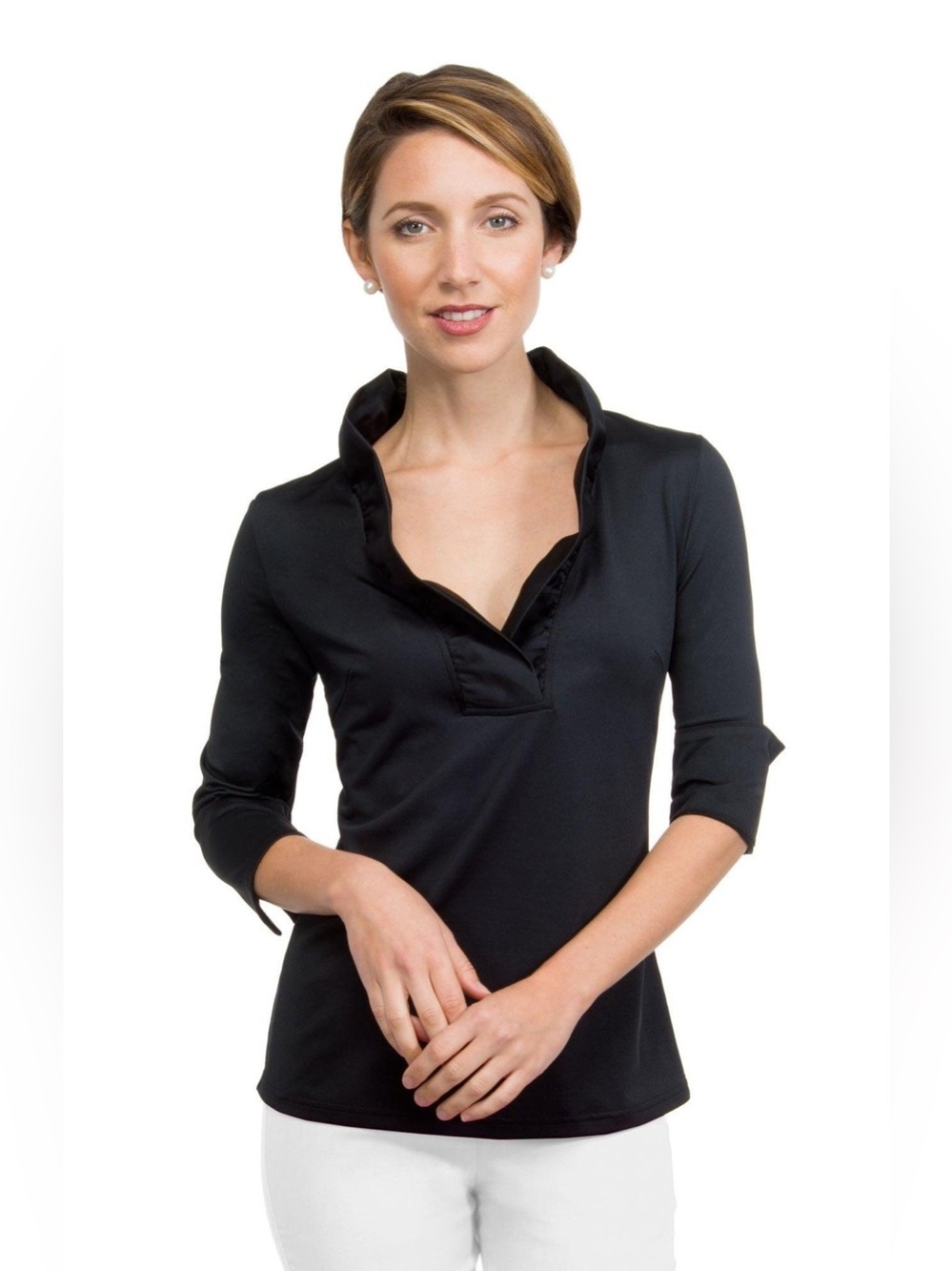 Gretchen Scott Designs Jersey Ruffle Neck 3/4 Sleeve Top Blouse Size XL Black